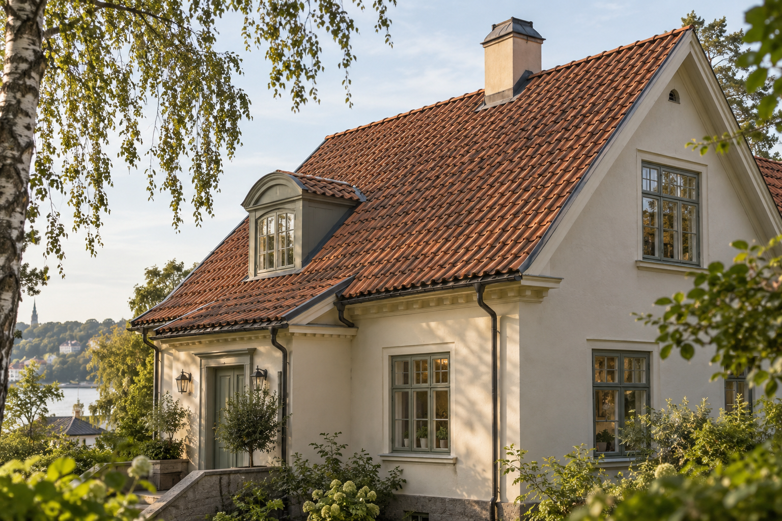 AI-genererad illustration av en ljus putsad villa med tegeltak